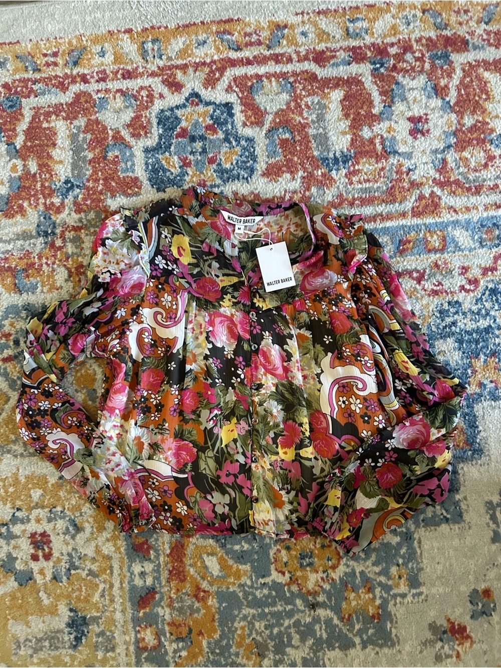 NWT Walter Baker Floral Puff Sleeve Blouse - Pink, Orange, Green, Cream - Picture 3 of 7